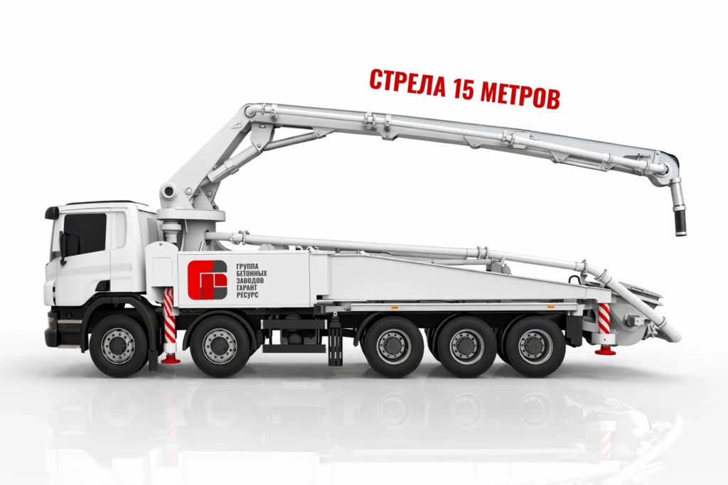 Автобетононасос со стрелой 15 м для подачи бетона на объекте в Дубне