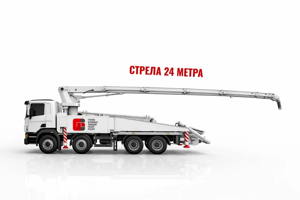 Автобетононасос со стрелой 24 м для подачи бетона на строительном объекте в Дубне