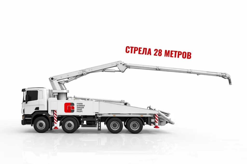 Автобетононасос со стрелой 28 м для подачи бетона на объект в Дубне