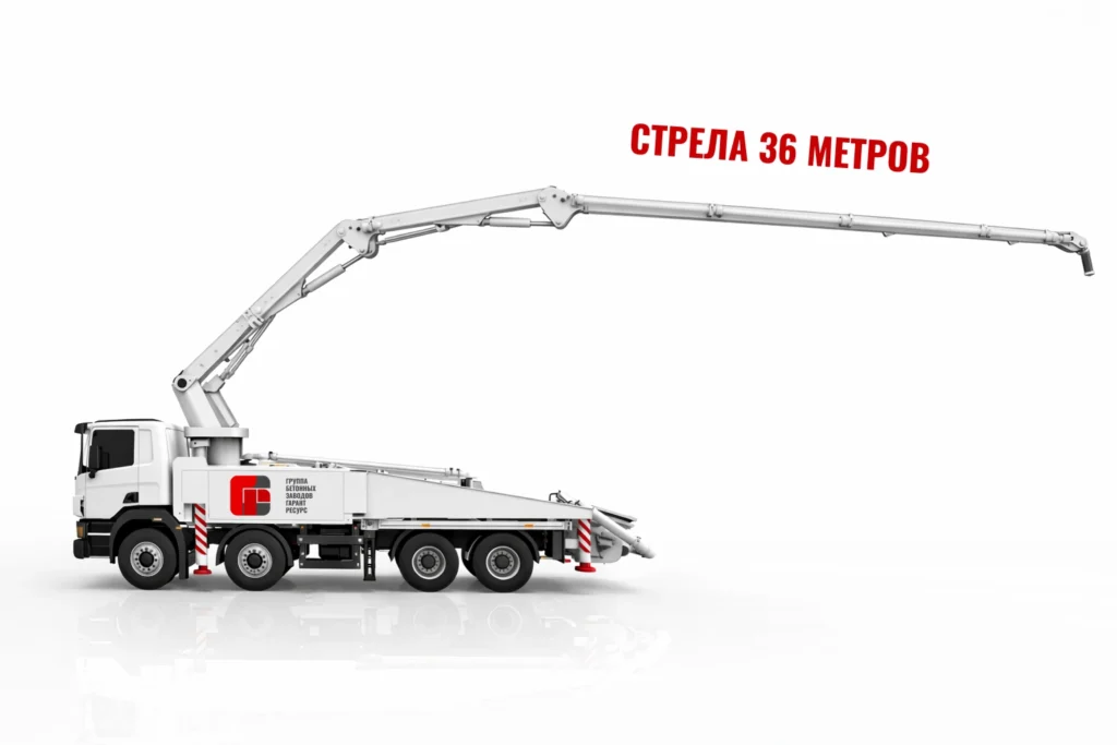 Автобетононасос со стрелой 36 м для подачи бетона на монолитные работы в Дубне