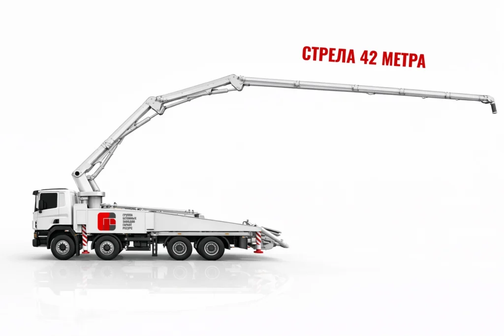 Автобетононасос со стрелой 42 м для подачи бетона на высоту в Дубне